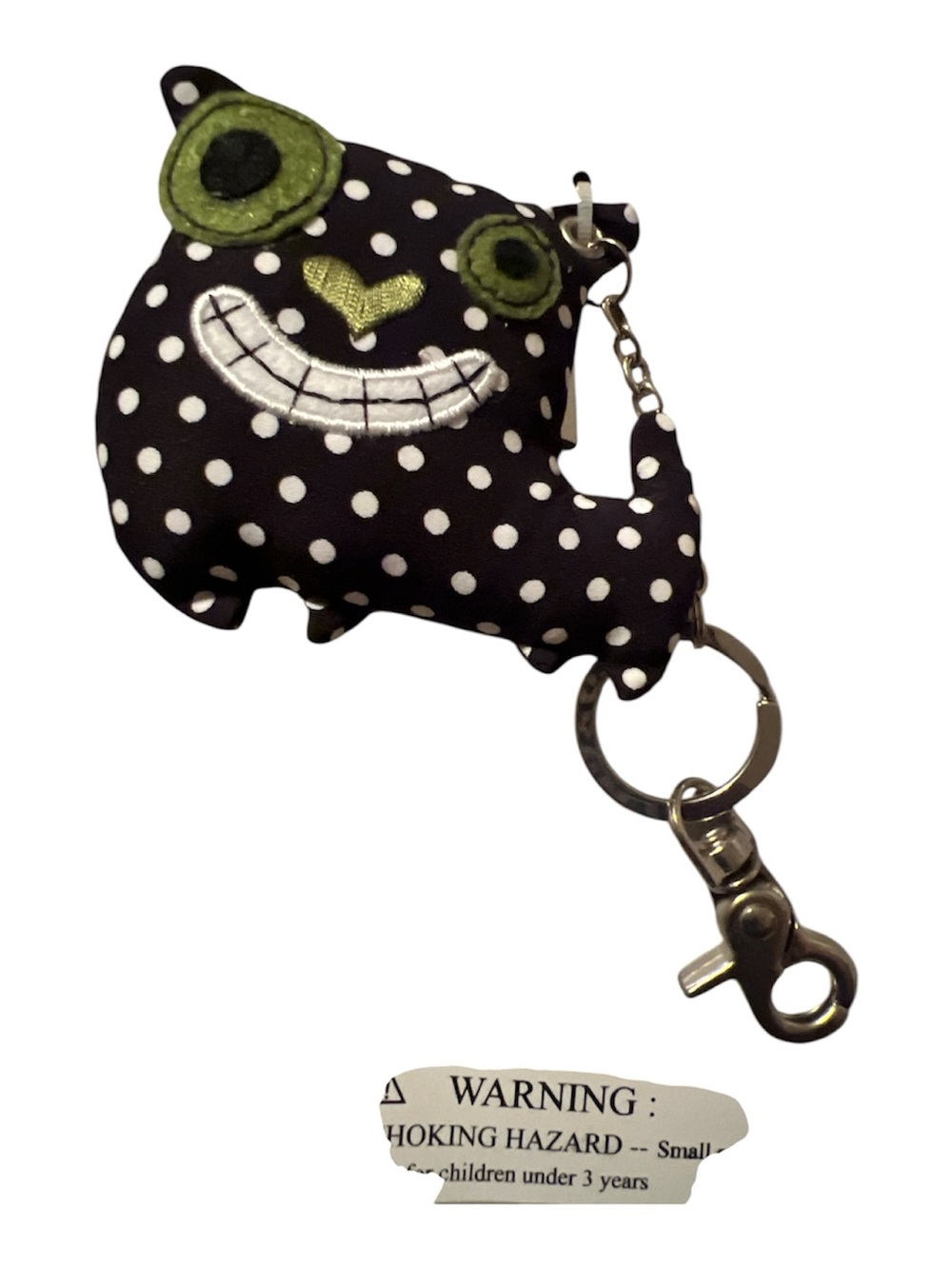Polka Dot Puffy Cat Keychain - Black & White with Green Accents